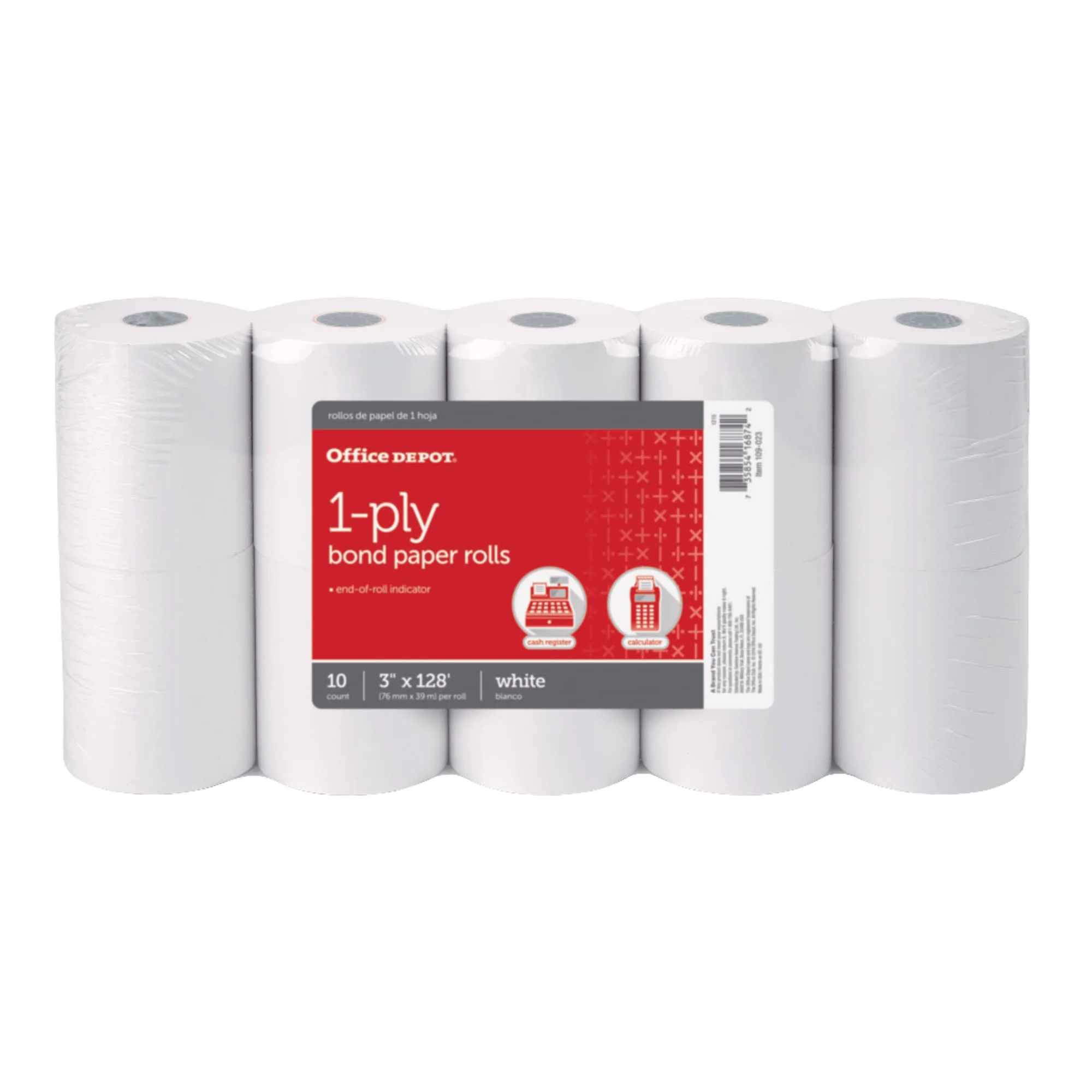 Office Depot 1-Ply Paper Rolls, 3 in x 128 ft, White - Pack of 10 (109023)