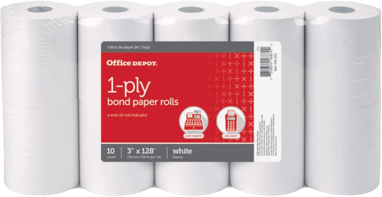 Office Depot 1-Ply Paper Rolls, 3 in x 128 ft, White - Pack of 10 (109023)