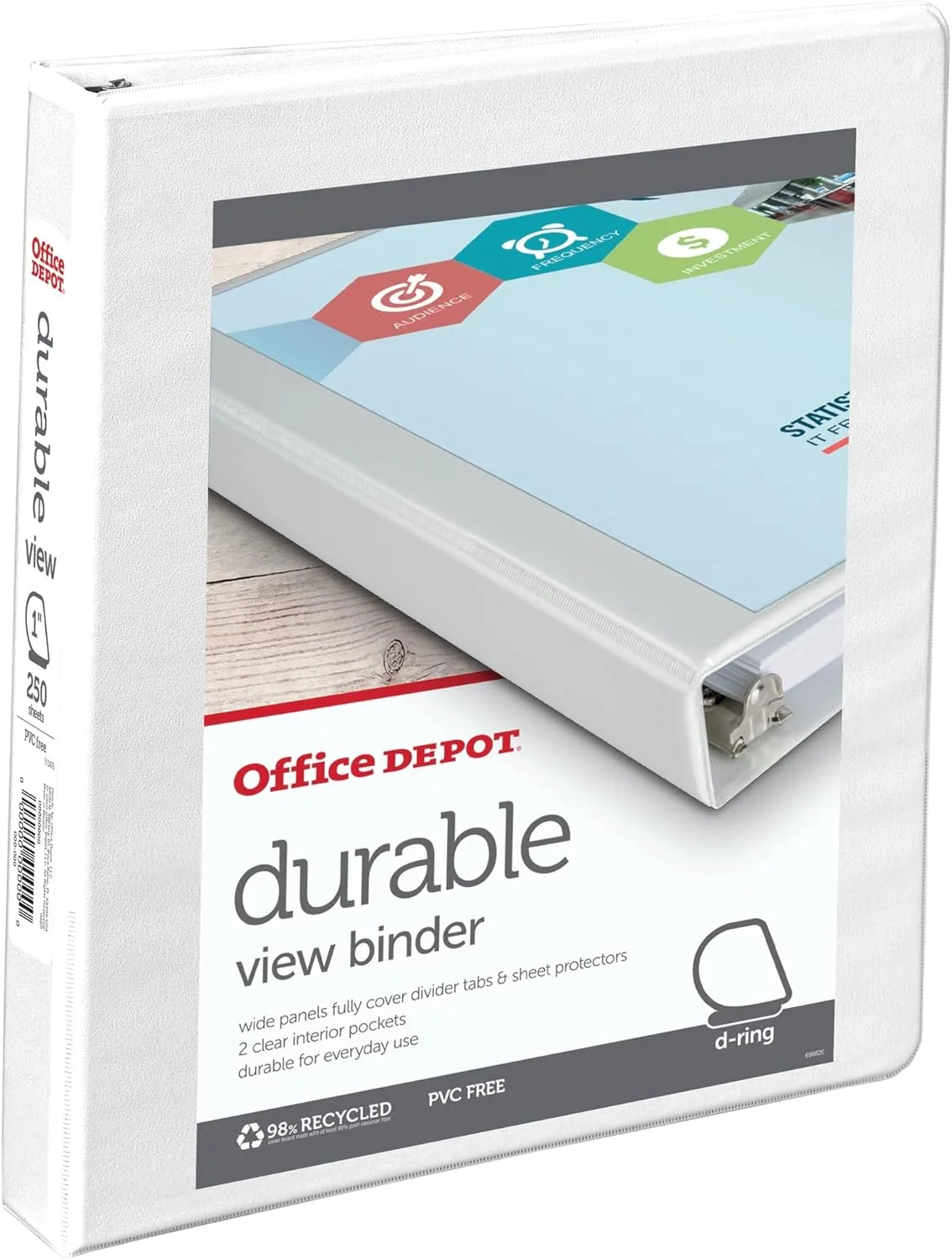 Office Depot® Brand Durable View Slant-Ring Binder, 1" Rings, 61% Recycled, White