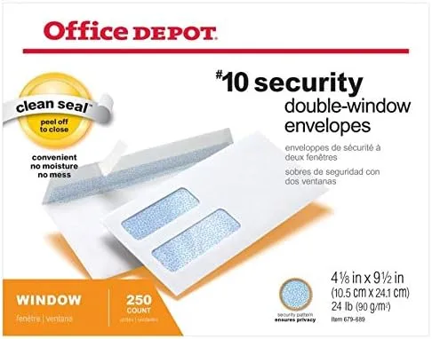 Office Depot Double-Window #10 Envelopes, Clean Seal, White, Box of 250