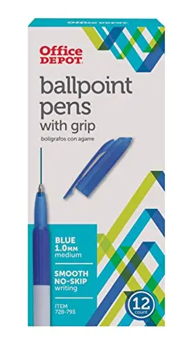 Office Depot Grip Ballpoint Pens, Medium Point, 1.0 mm, White Barrel, Blue Ink, Pack Of 12, 19002