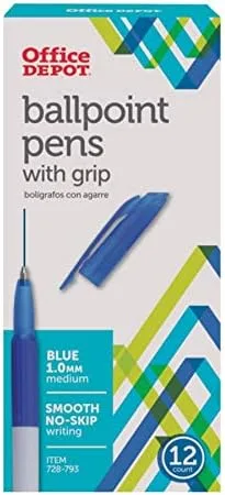 Office Depot Grip Ballpoint Pens, Medium Point, 1.0 mm, White Barrel, Blue Ink, Pack Of 12, 19002