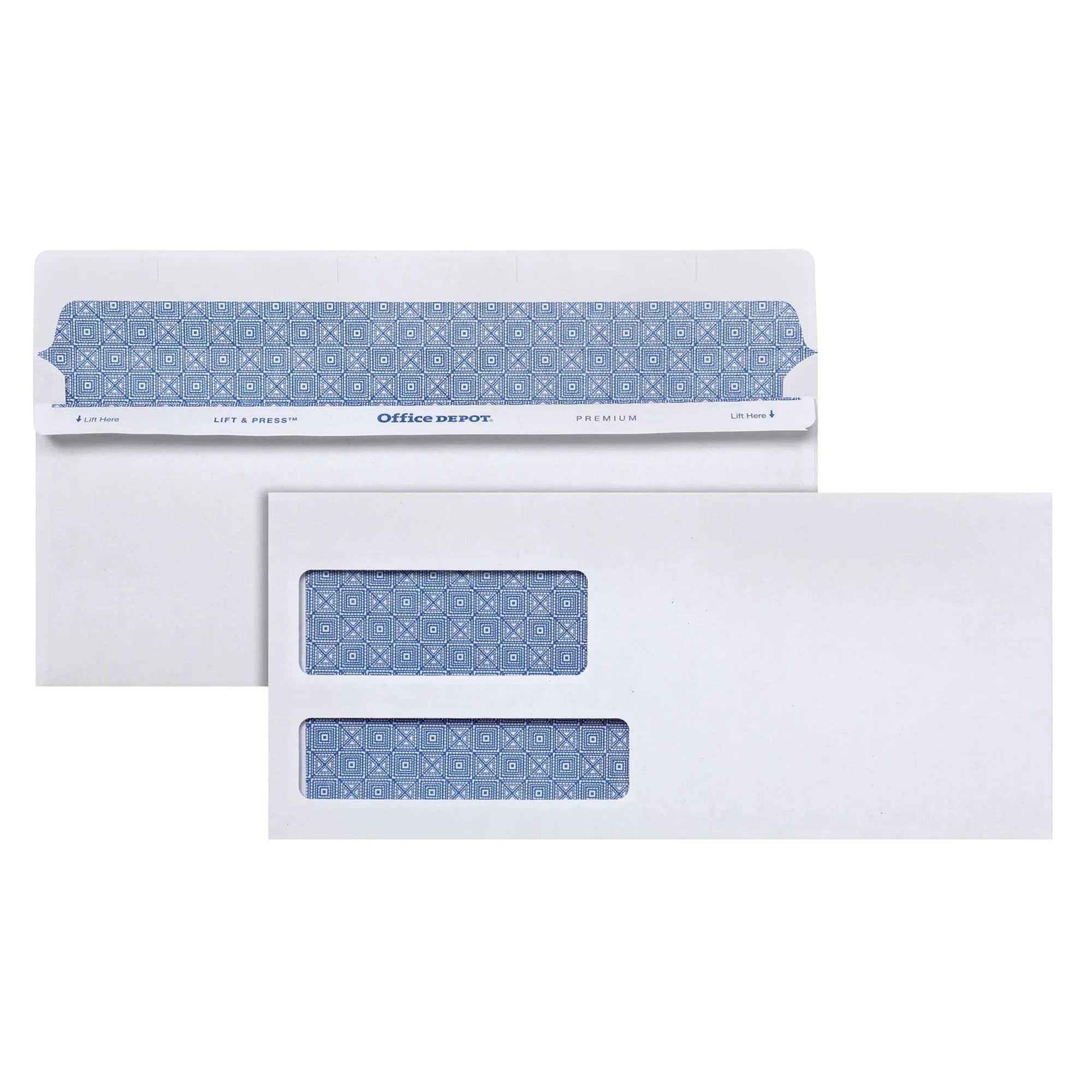 Office Depot 100% Recycled Lift & Press #10 Double-Window Envelopes, Self-Seal, White, 500/Box