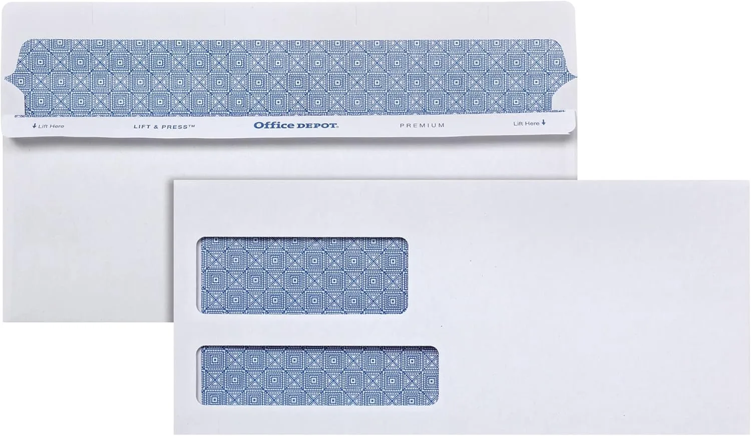 Office Depot 100% Recycled Lift & Press #10 Double-Window Envelopes, Self-Seal, White, 500/Box