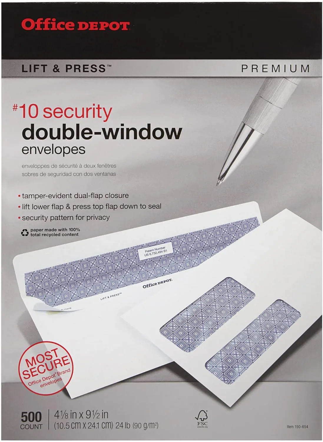 Office Depot 100% Recycled Lift & Press #10 Double-Window Envelopes, Self-Seal, White, 500/Box
