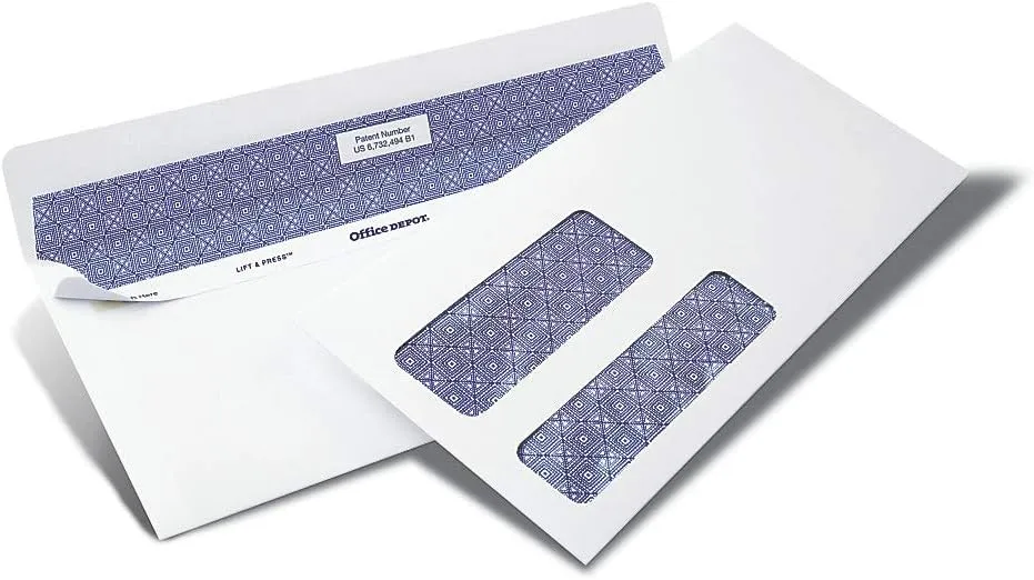 Office Depot 100% Recycled Lift & Press #10 Double-Window Envelopes, Self-Seal, White, 500/Box