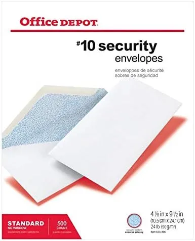 Office Depot #10 Security Envelopes, White, Box of 500