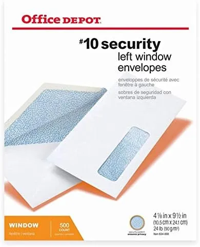 Office Depot Security Window Envelopes, #10 (4 1/8in x 9 1/2in), White, Box Of 500