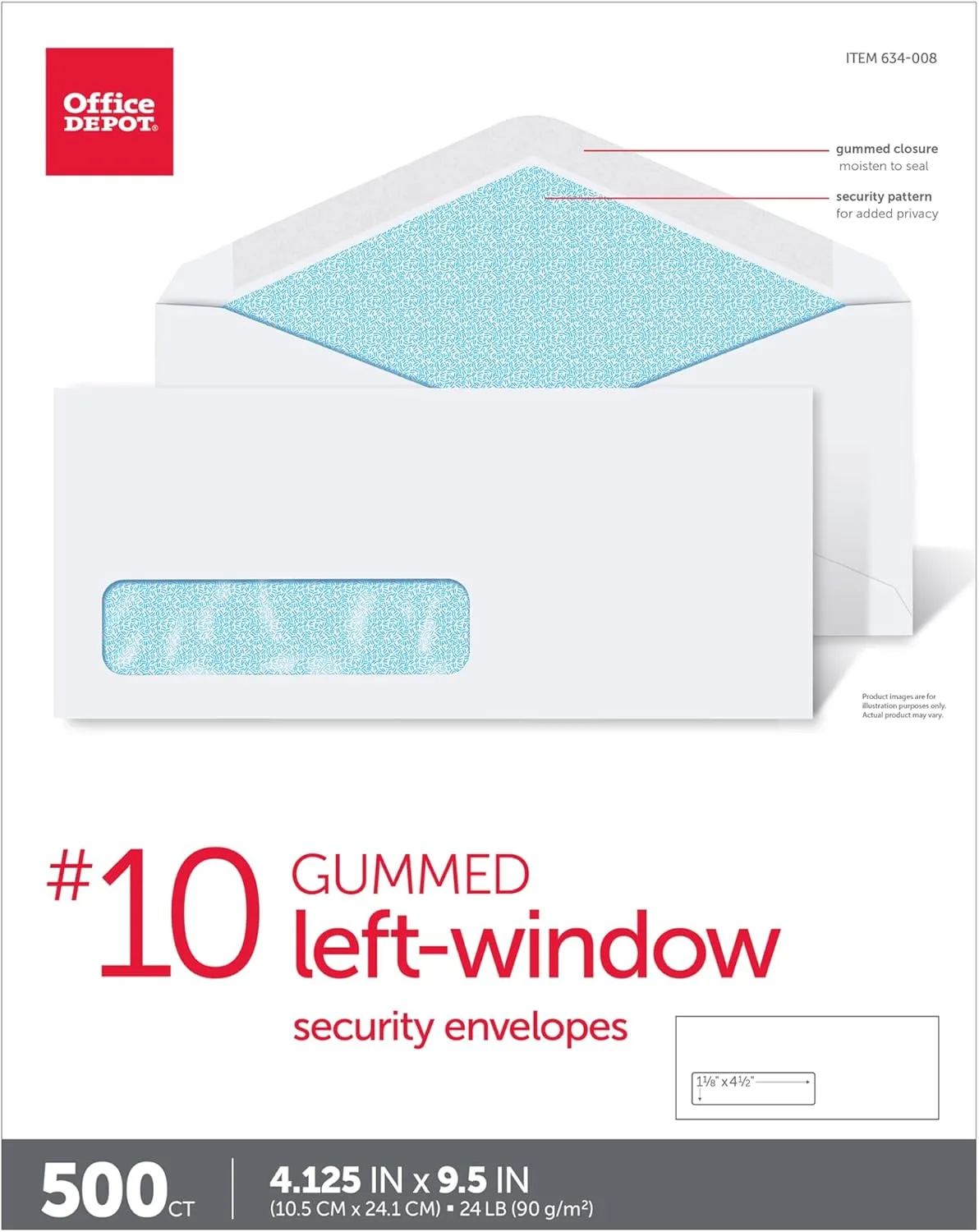 Office Depot Security Window Envelopes, #10 (4 1/8in x 9 1/2in), White, Box Of 500