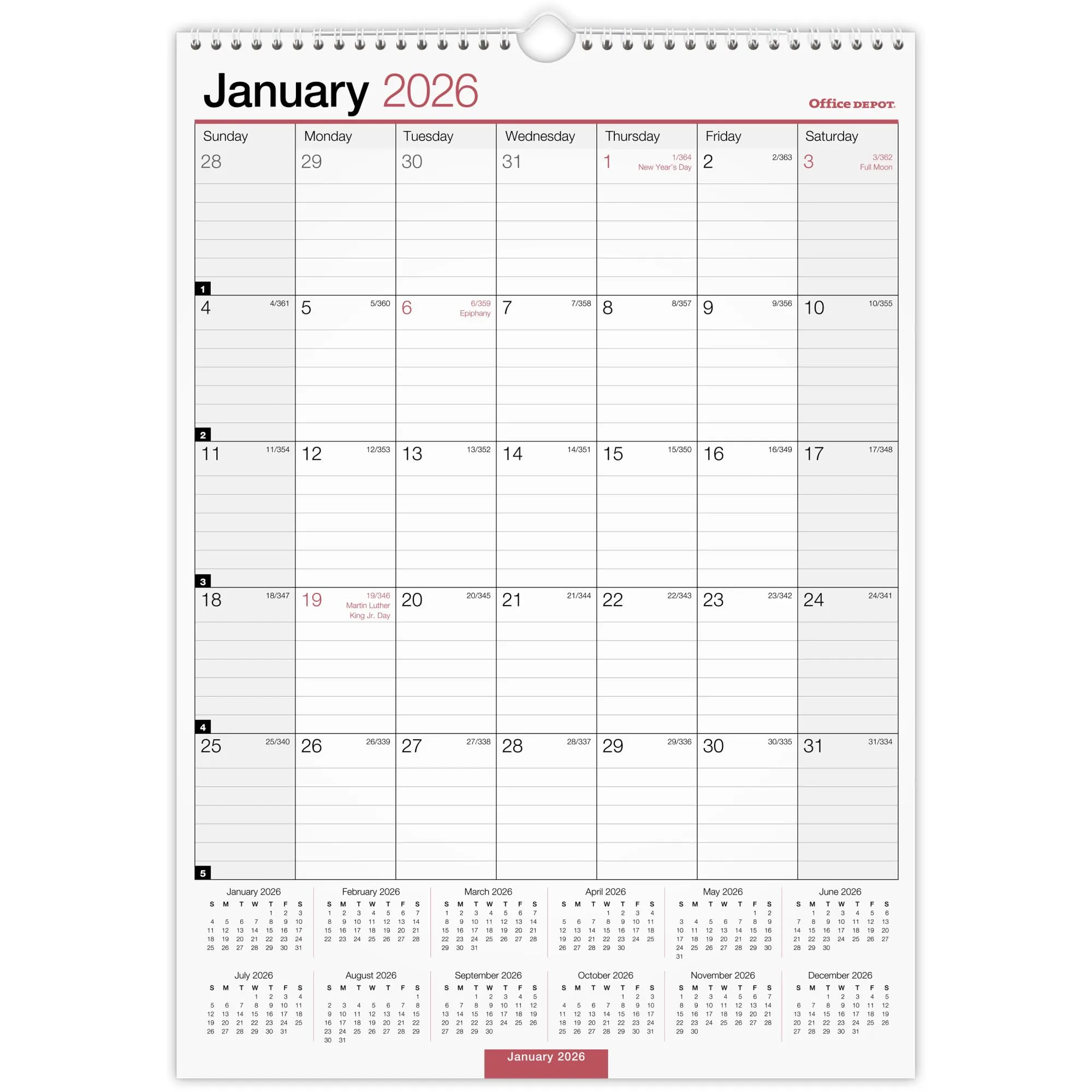 Office Depot Brand Monthly Wall Calendar, 12" x 17", White, January 2026 to December 2026, OD30162826