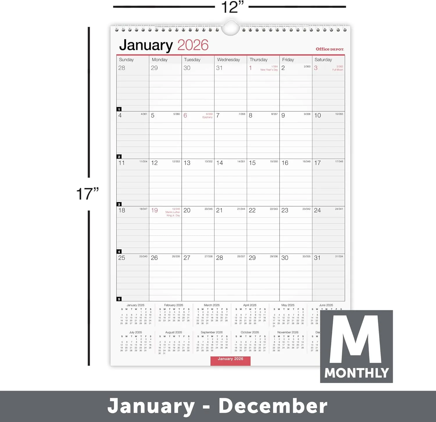 Office Depot Brand Monthly Wall Calendar, 12" x 17", White, January 2026 to December 2026, OD30162826