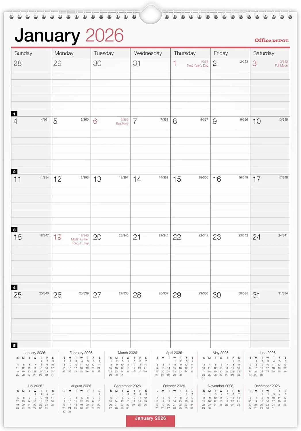 Office Depot Brand Monthly Wall Calendar, 12" x 17", White, January 2026 to December 2026, OD30162826