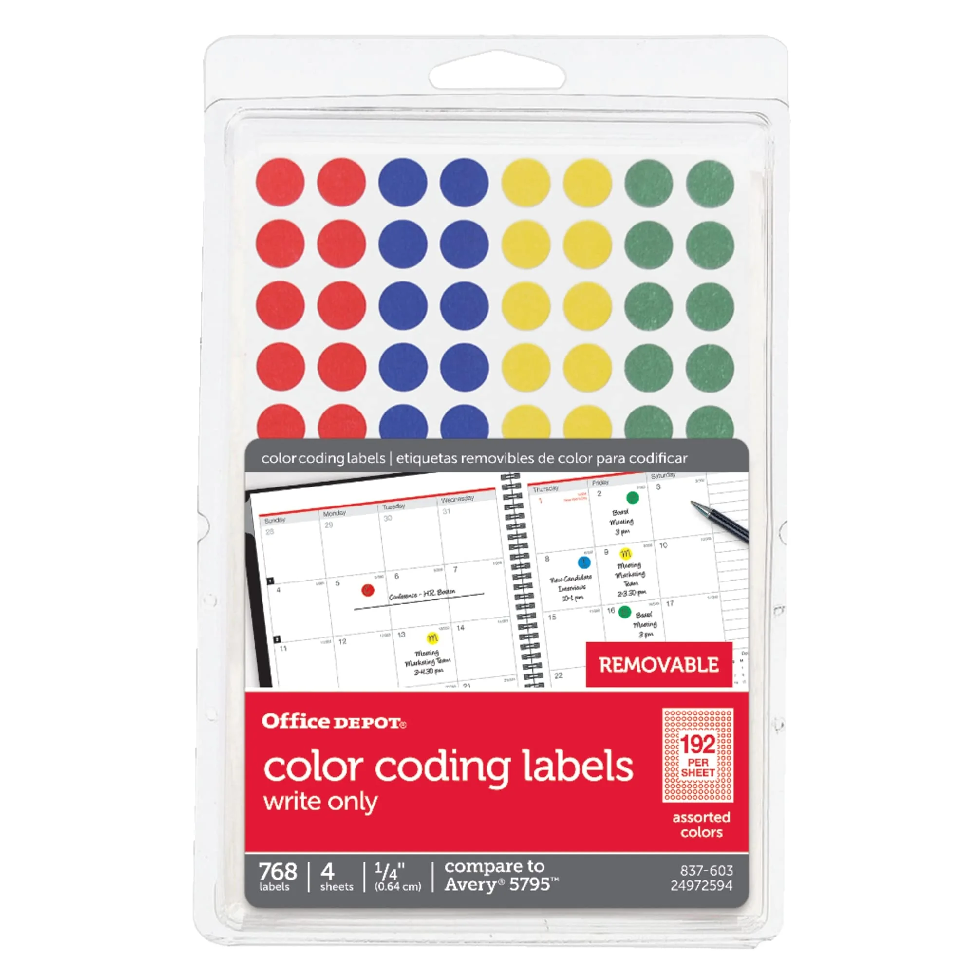 Office Depot Removable Round Color-Coding Labels, 1/4in. Diameter, Multicolor Dots, Pack of 768, OD98803