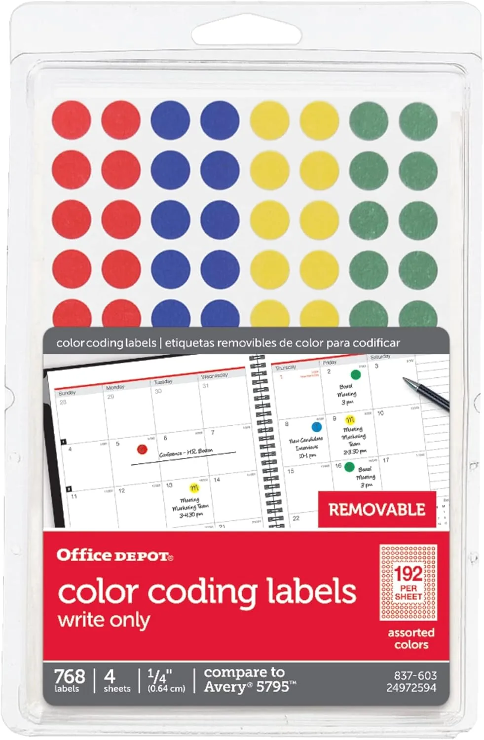 Office Depot Removable Round Color-Coding Labels, 1/4in. Diameter, Multicolor Dots, Pack of 768, OD98803