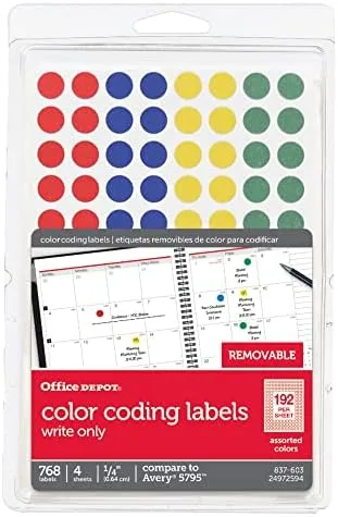 Office Depot Removable Round Color-Coding Labels, 1/4in. Diameter, Multicolor Dots, Pack of 768, OD98803