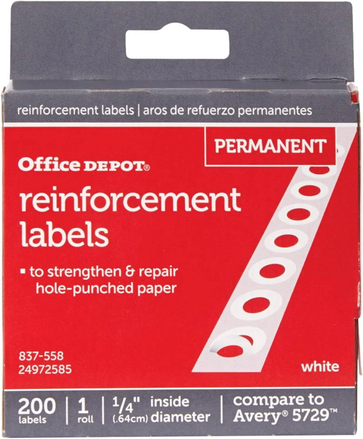 Office Depot Permanent Self-Adhesive Reinforcement Labels, 1/4in Diameter, White - 200 Pack