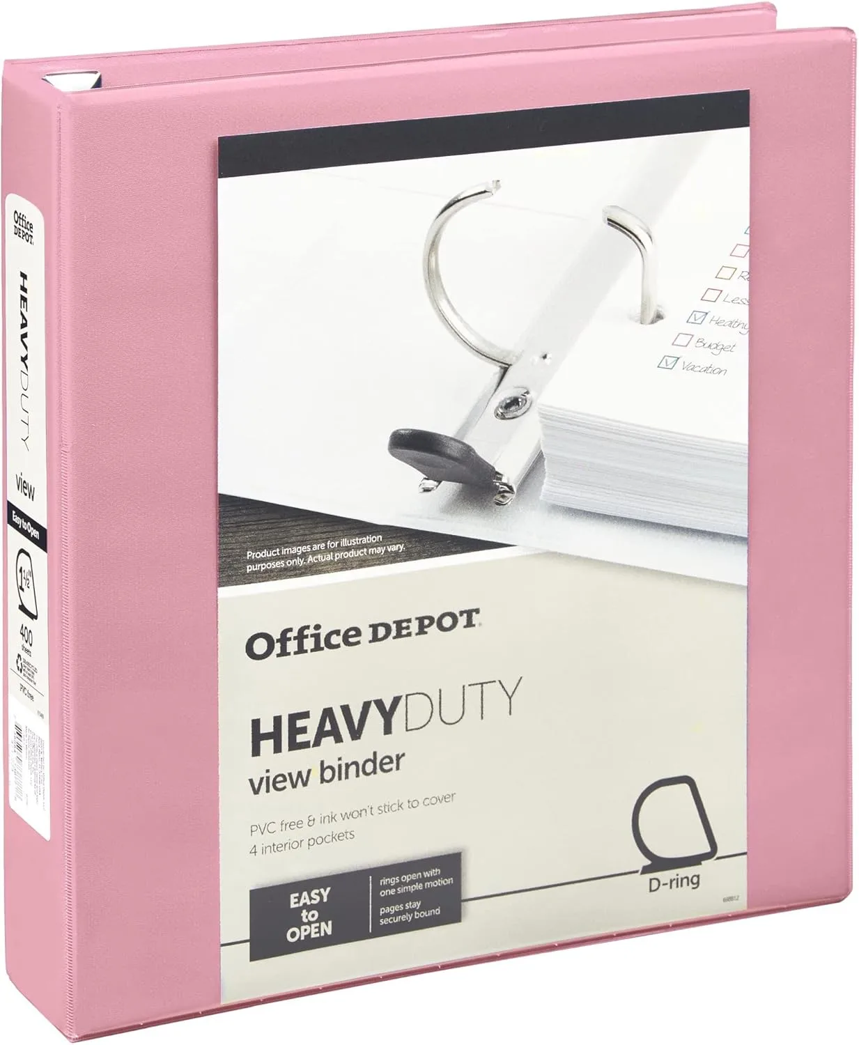 Office Depot Heavy-Duty View 3-Ring Binder, 1 1/2" D-Rings, Pink
