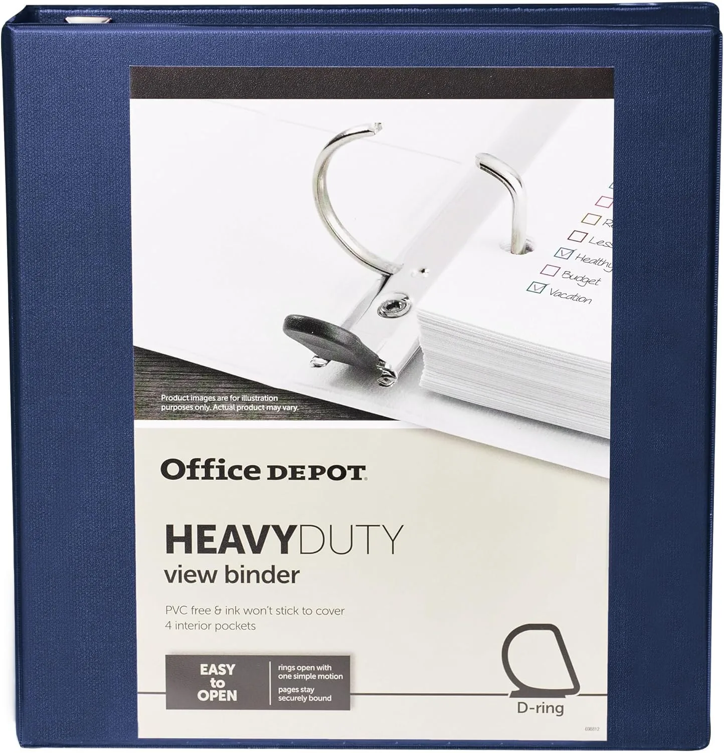 Office Depot® Heavy-Duty View 3-Ring Binder, 1 1/2" D-Rings, 49% Recycled, Navy