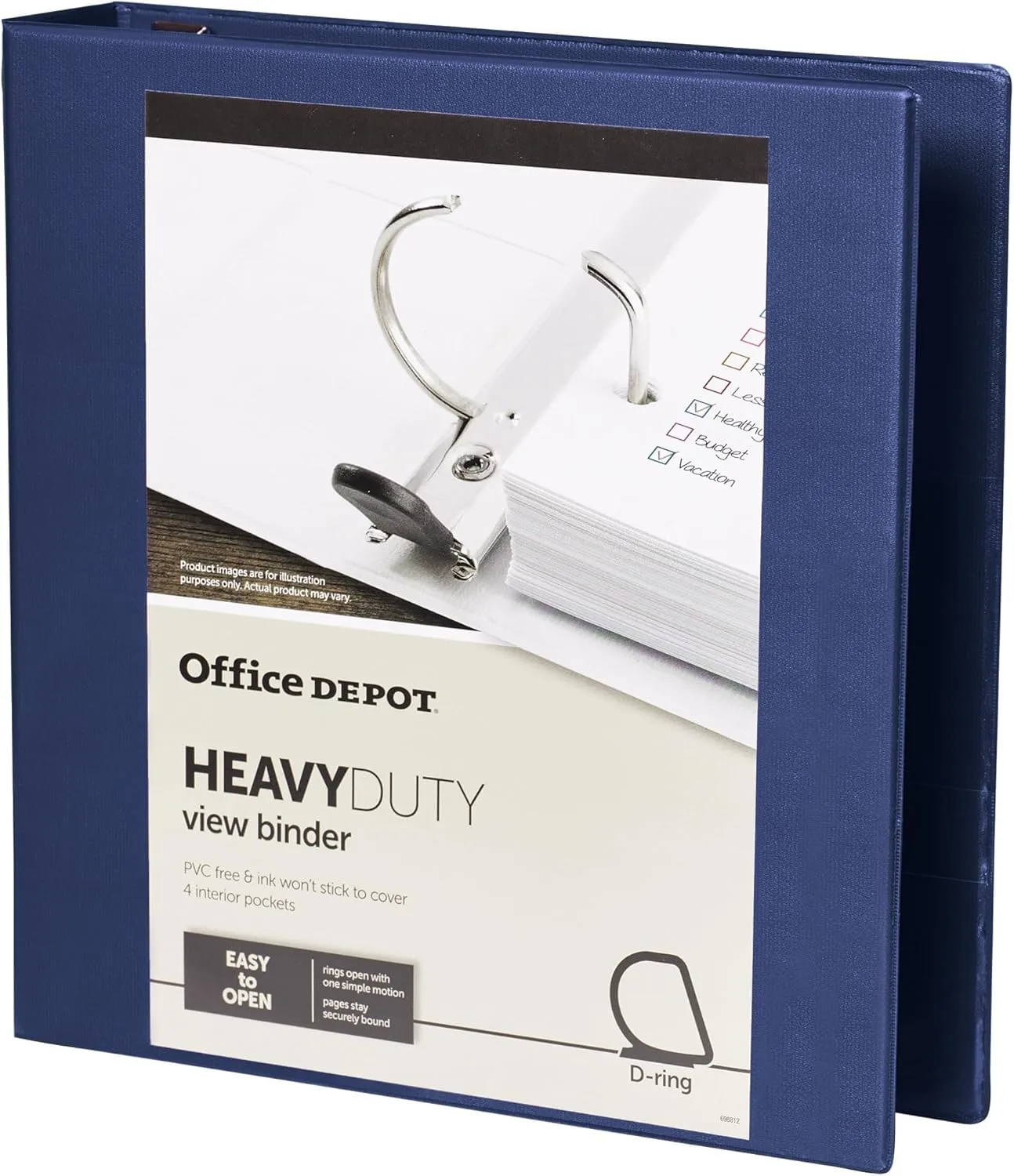Office Depot® Heavy-Duty View 3-Ring Binder, 1 1/2" D-Rings, 49% Recycled, Navy
