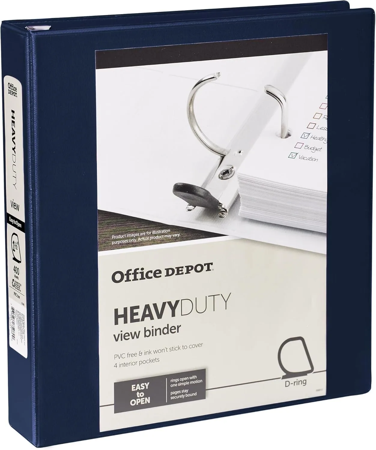 Office Depot® Heavy-Duty View 3-Ring Binder, 1 1/2" D-Rings, 49% Recycled, Navy