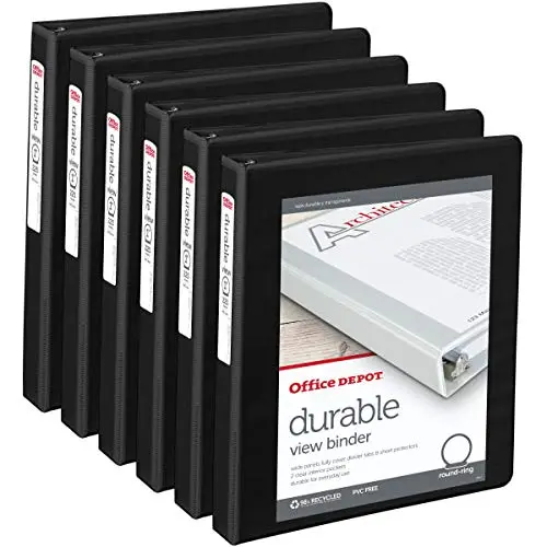 Office Depot® - Durable Round-Ring View Binders - 11.9 x 10.4 x 5.4 in - Black - 6/Pack