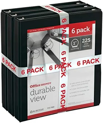 Office Depot® - Durable Round-Ring View Binders - 11.9 x 10.4 x 5.4 in - Black - 6/Pack