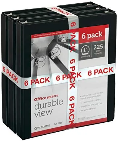Office Depot® - Durable Round-Ring View Binders - 11.9 x 10.4 x 5.4 in - Black - 6/Pack