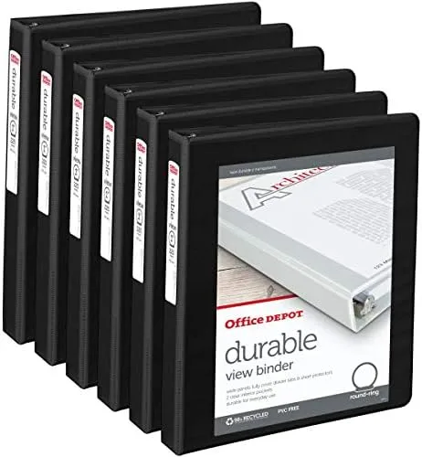 Office Depot® - Durable Round-Ring View Binders - 11.9 x 10.4 x 5.4 in - Black - 6/Pack