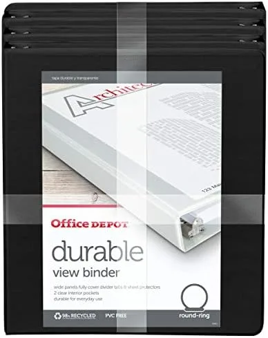 Office Depot® - Durable Round-Ring View Binders - 11.9 x 10.4 x 5.4 in - Black - 6/Pack