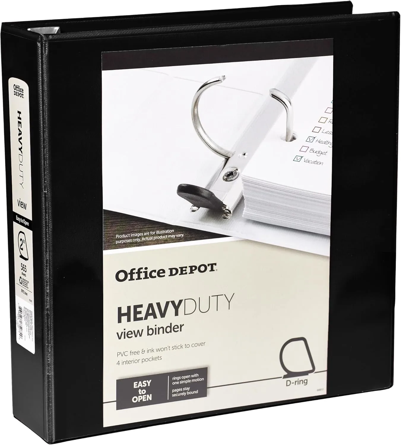 Office Depot® Brand Heavy-Duty View 3-Ring Binder, 2" D-Rings, 49% Recycled, Black
