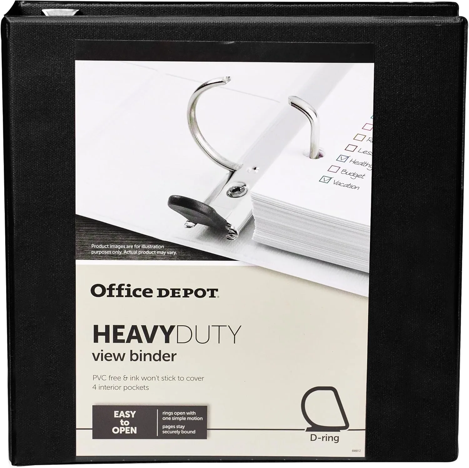 Office Depot® Brand Heavy-Duty View 3-Ring Binder, 2" D-Rings, 49% Recycled, Black