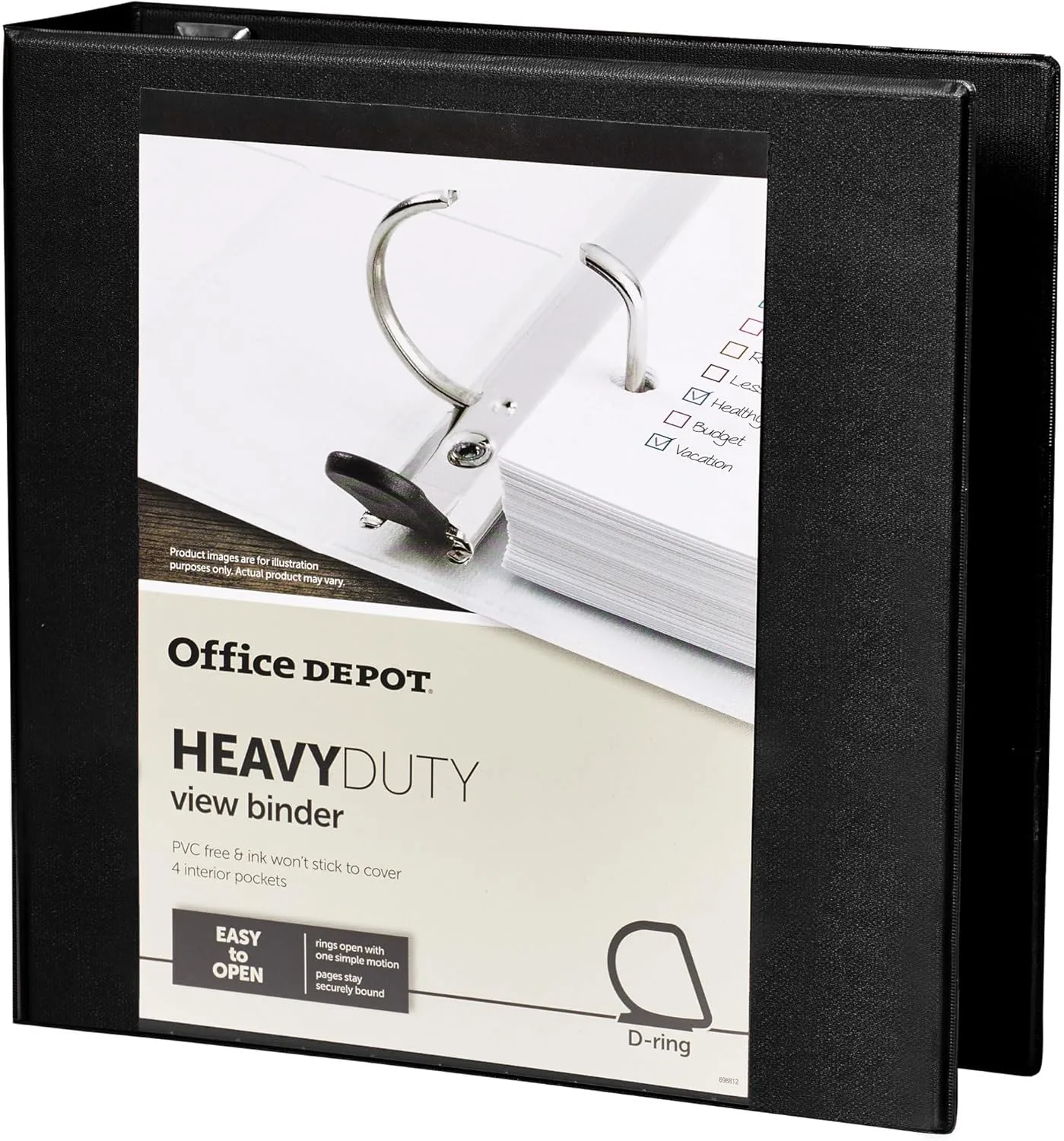Office Depot® Brand Heavy-Duty View 3-Ring Binder, 2" D-Rings, 49% Recycled, Black