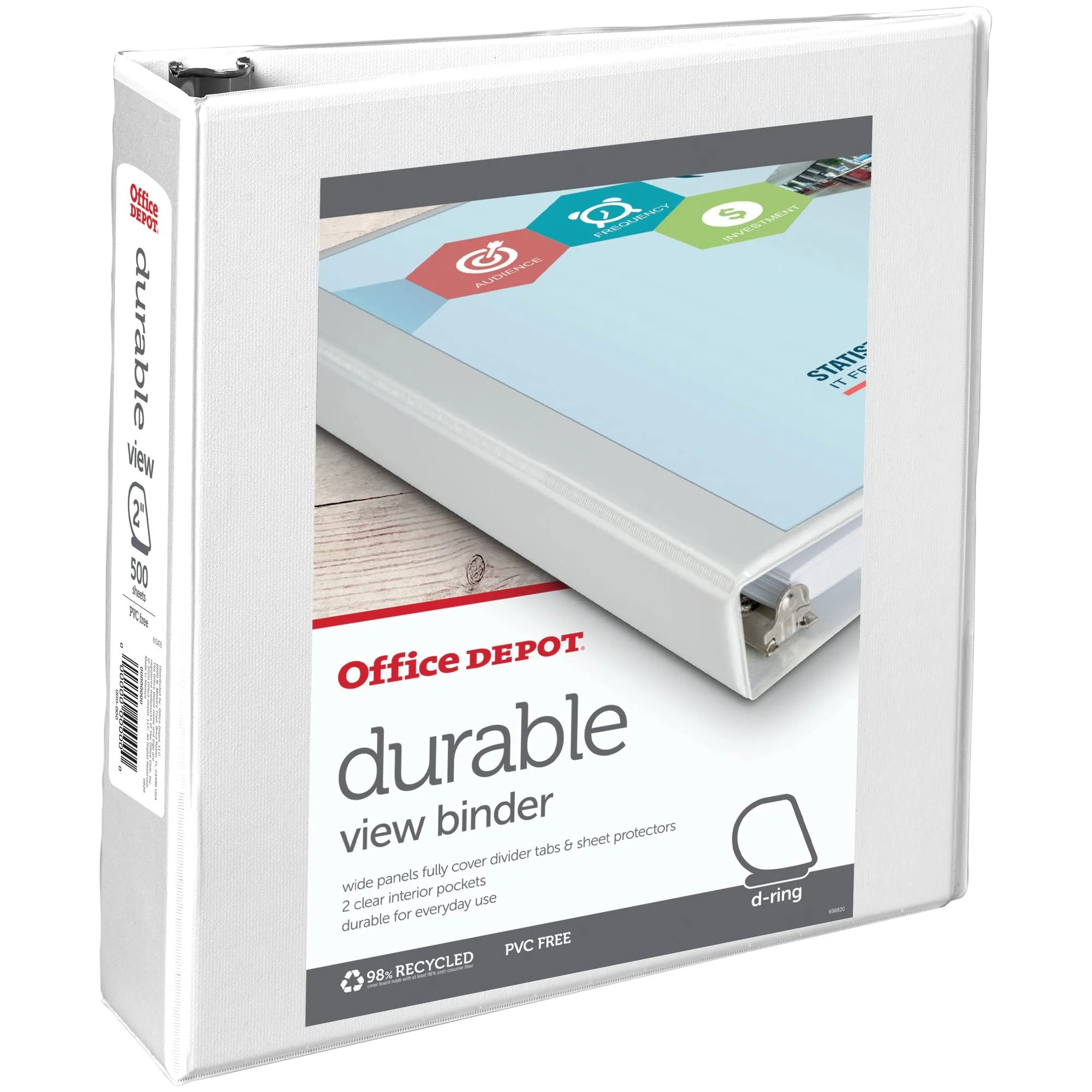Office Depot Brand Durable View D-Ring Binder, 2" Rings, 39% Recycled, White