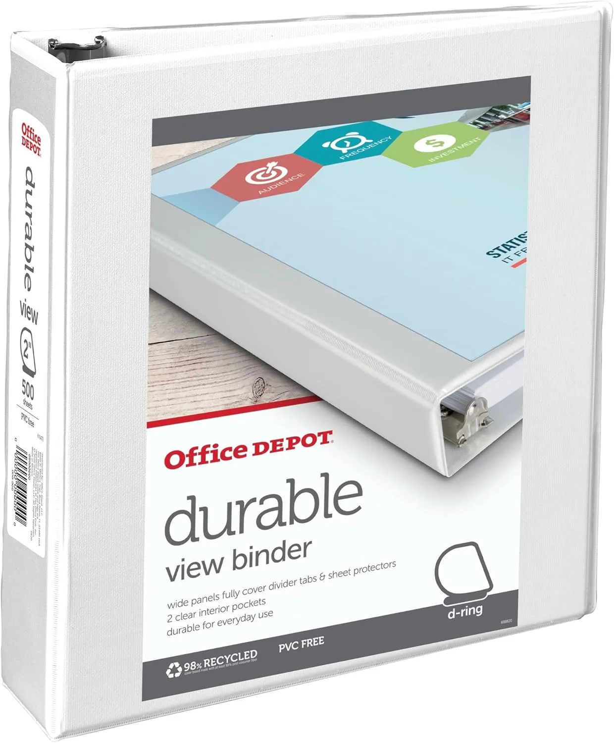 Office Depot Brand Durable View D-Ring Binder, 2" Rings, 39% Recycled, White