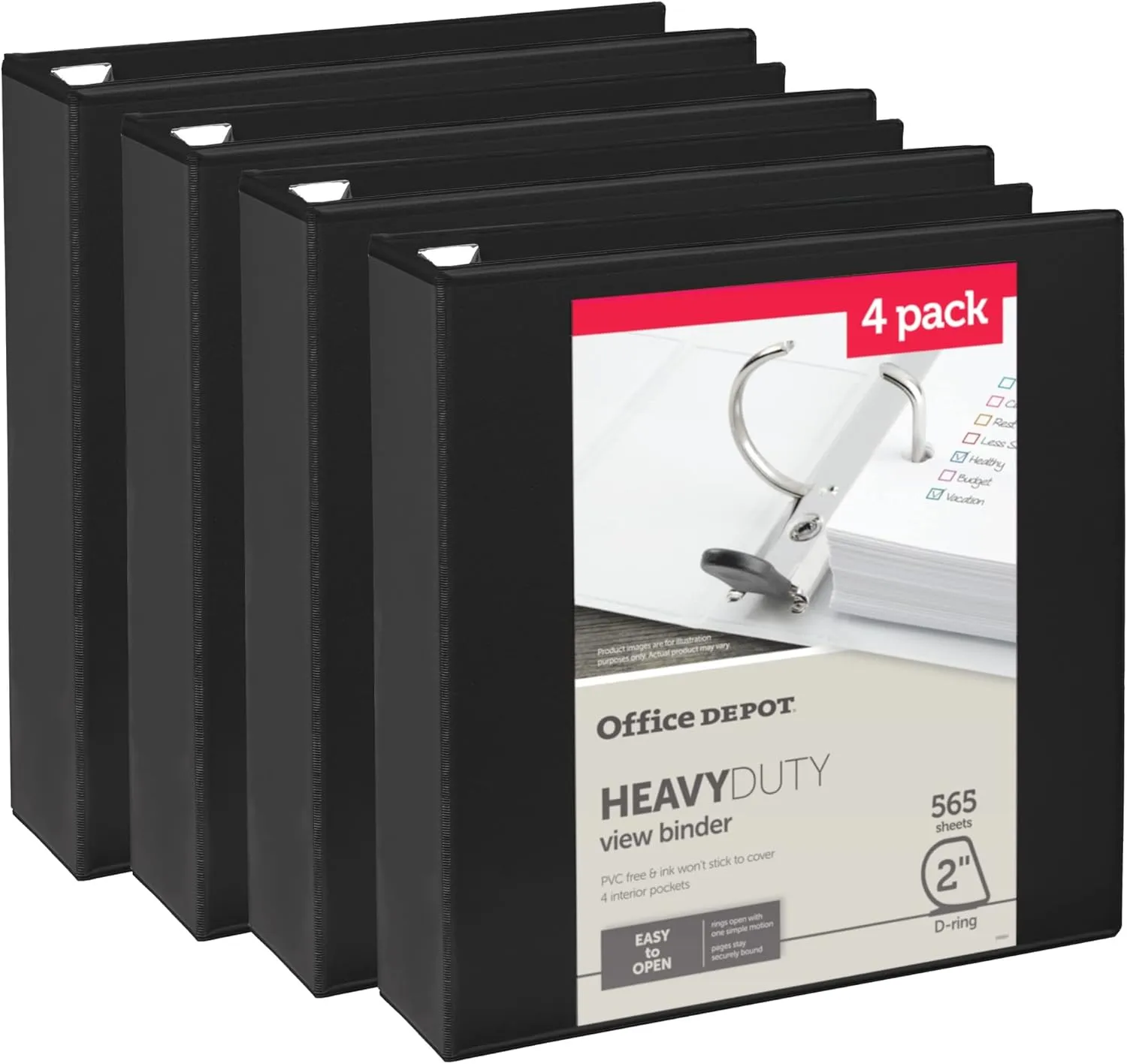 Office Depot® Heavy-Duty View 3-Ring Binder, 2" D-Rings, Black, 49% Recycled, Pack Of 4