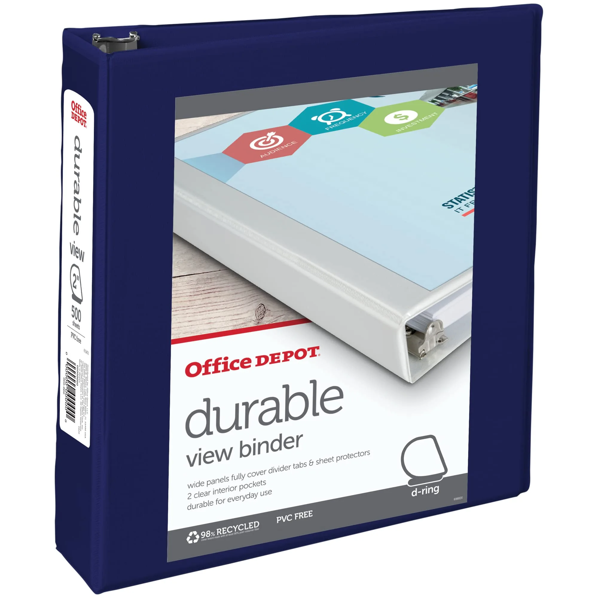 Office Depot® Brand Durable D-Ring View Binder, 2" Rings, 60% Recycled, Blue