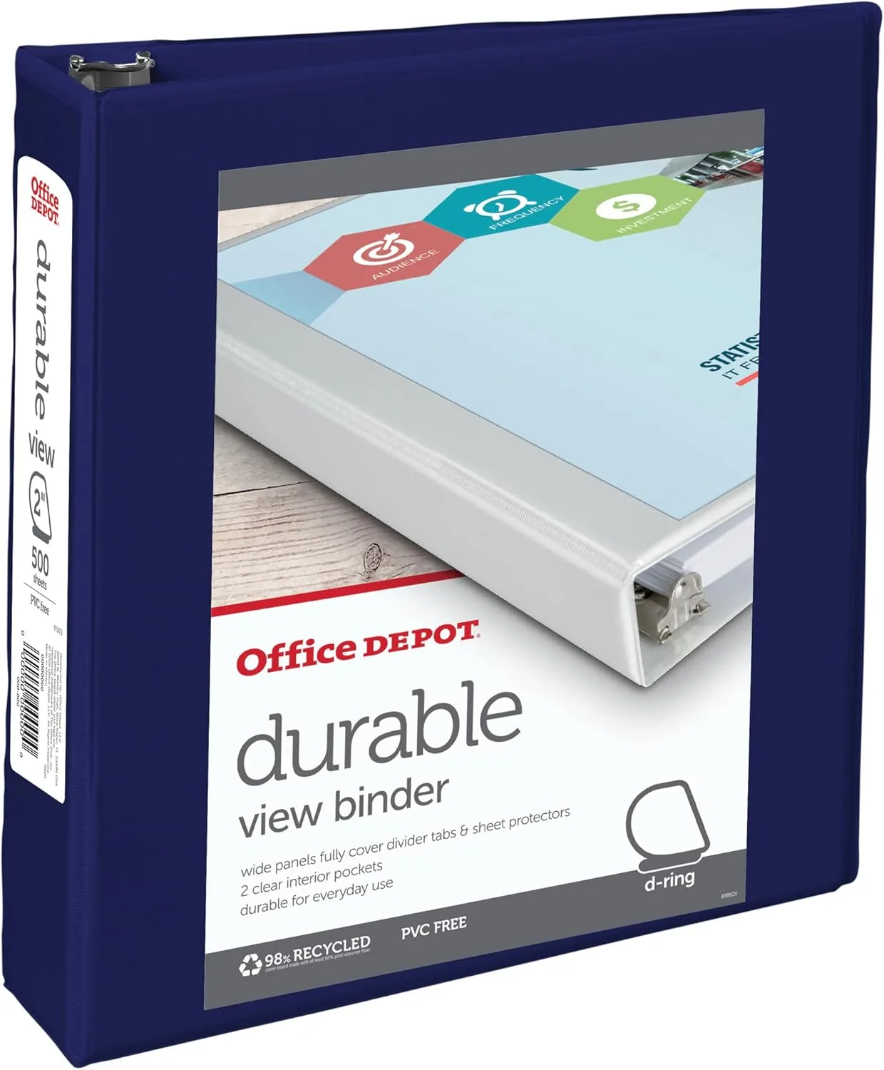 Office Depot® Brand Durable D-Ring View Binder, 2" Rings, 60% Recycled, Blue
