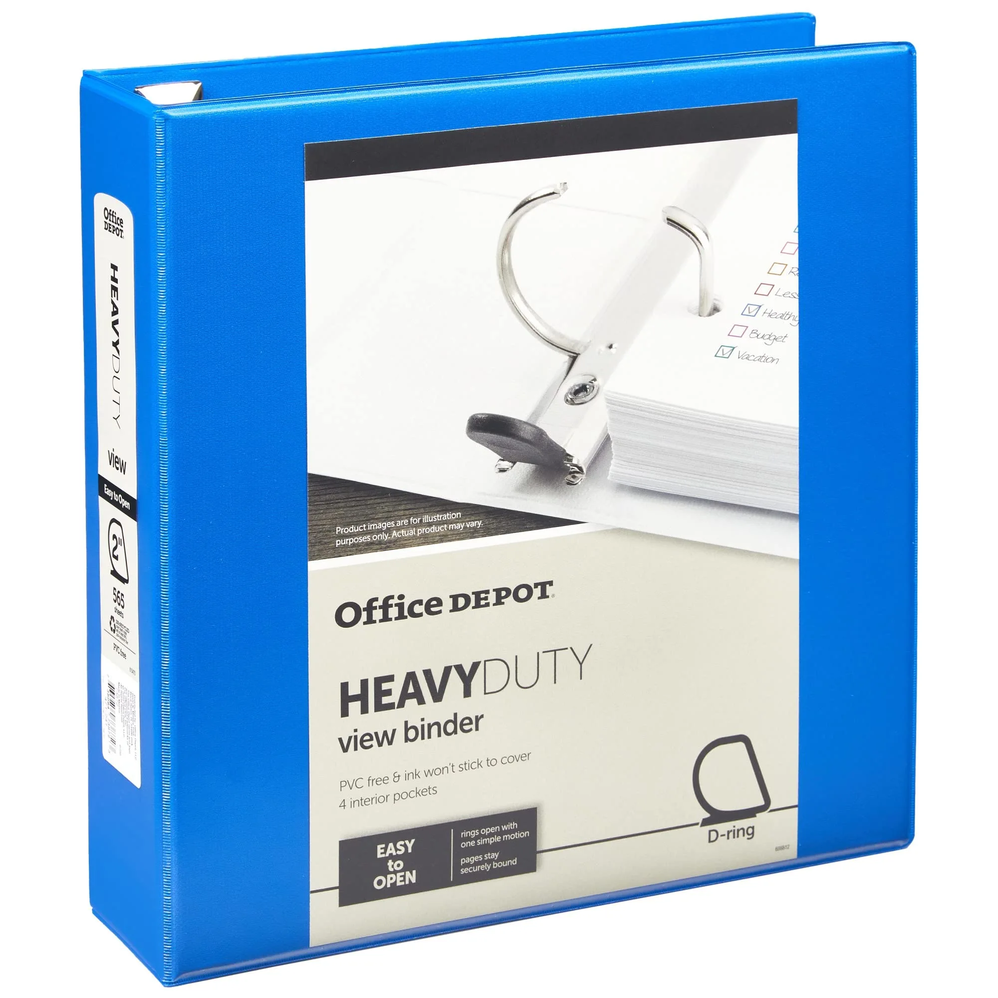 Office Depot® Brand Heavy-Duty Easy Open® D-Ring View Binder, 2" Rings, 54% Recycled, Blue