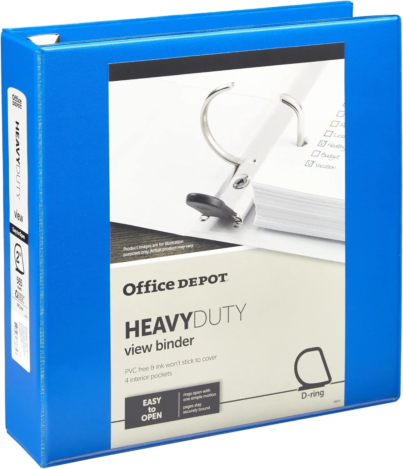 Office Depot® Brand Heavy-Duty Easy Open® D-Ring View Binder, 2" Rings, 54% Recycled, Blue
