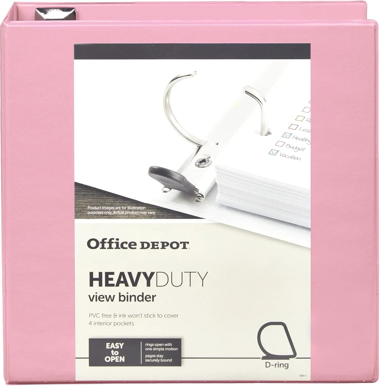 Office Depot® Heavy-Duty View 3-Ring Binder, 2" D-Rings, 49% Recycled, Light Pink