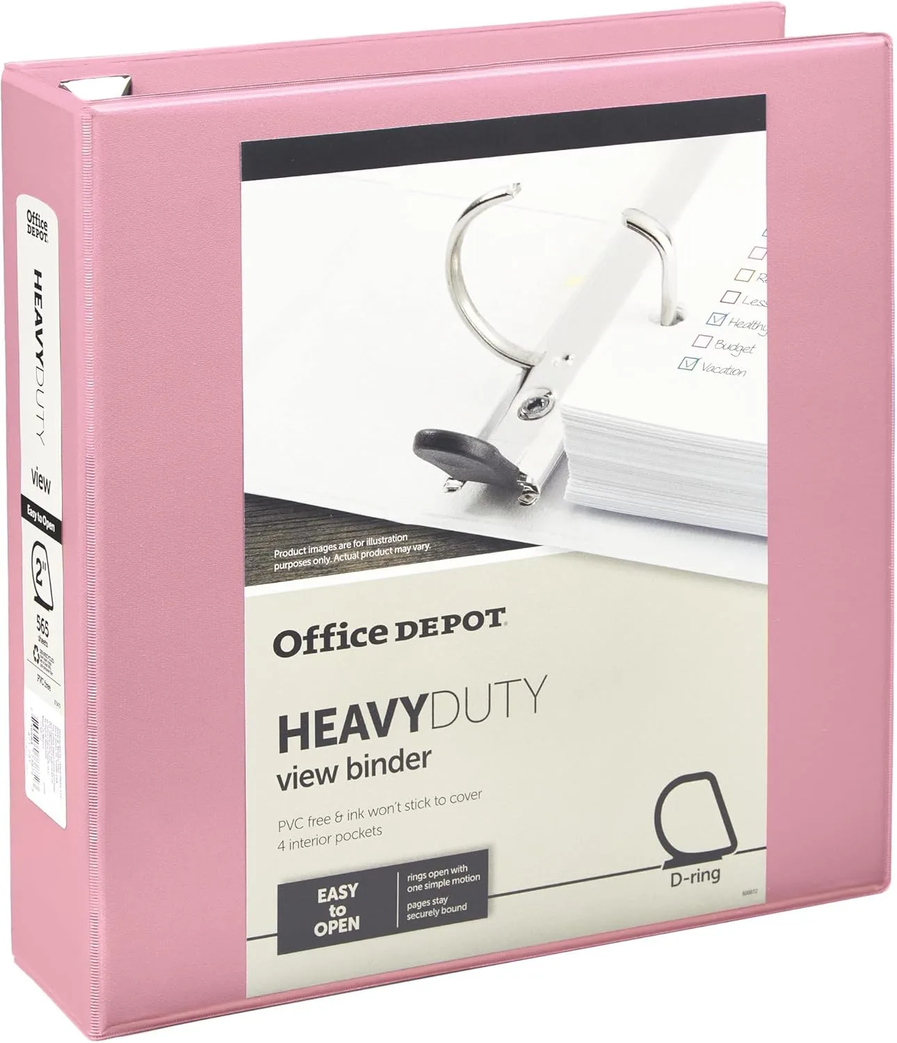 Office Depot® Heavy-Duty View 3-Ring Binder, 2" D-Rings, 49% Recycled, Light Pink
