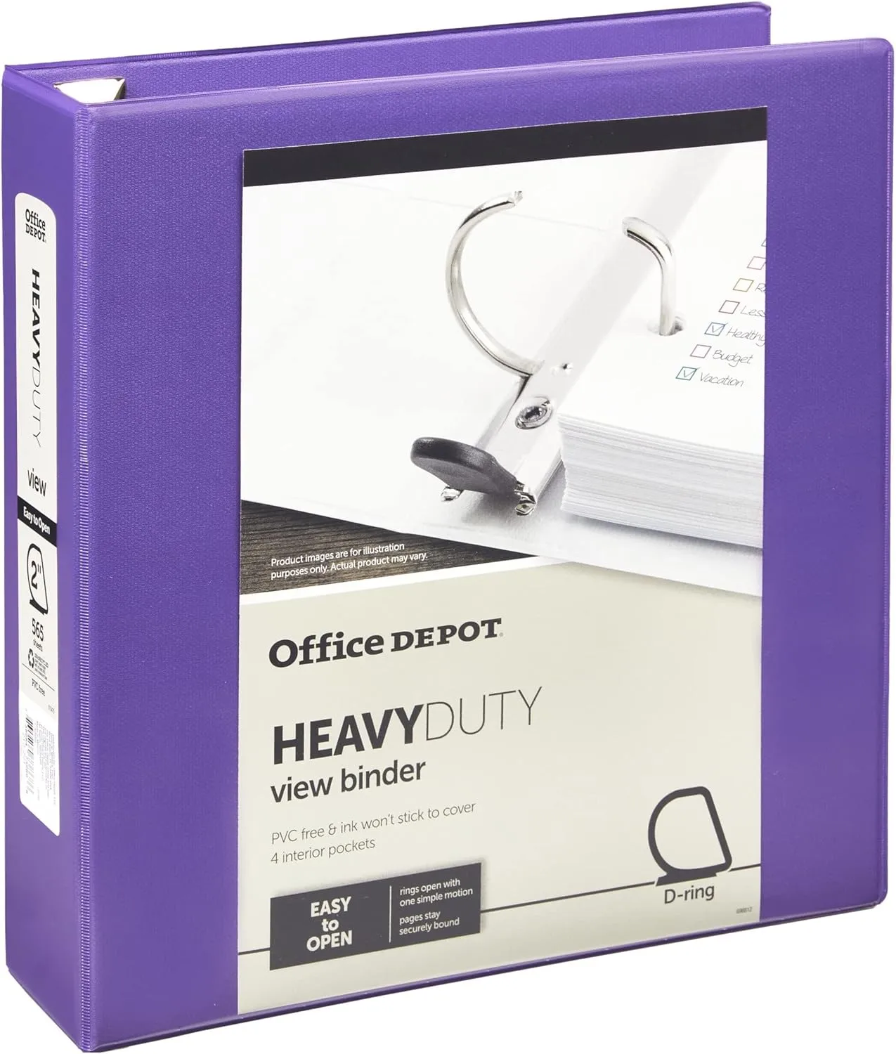 Office Depot Brand Heavy-Duty D-Ring View Binder, 2" Rings, 54% Recycled, Purple