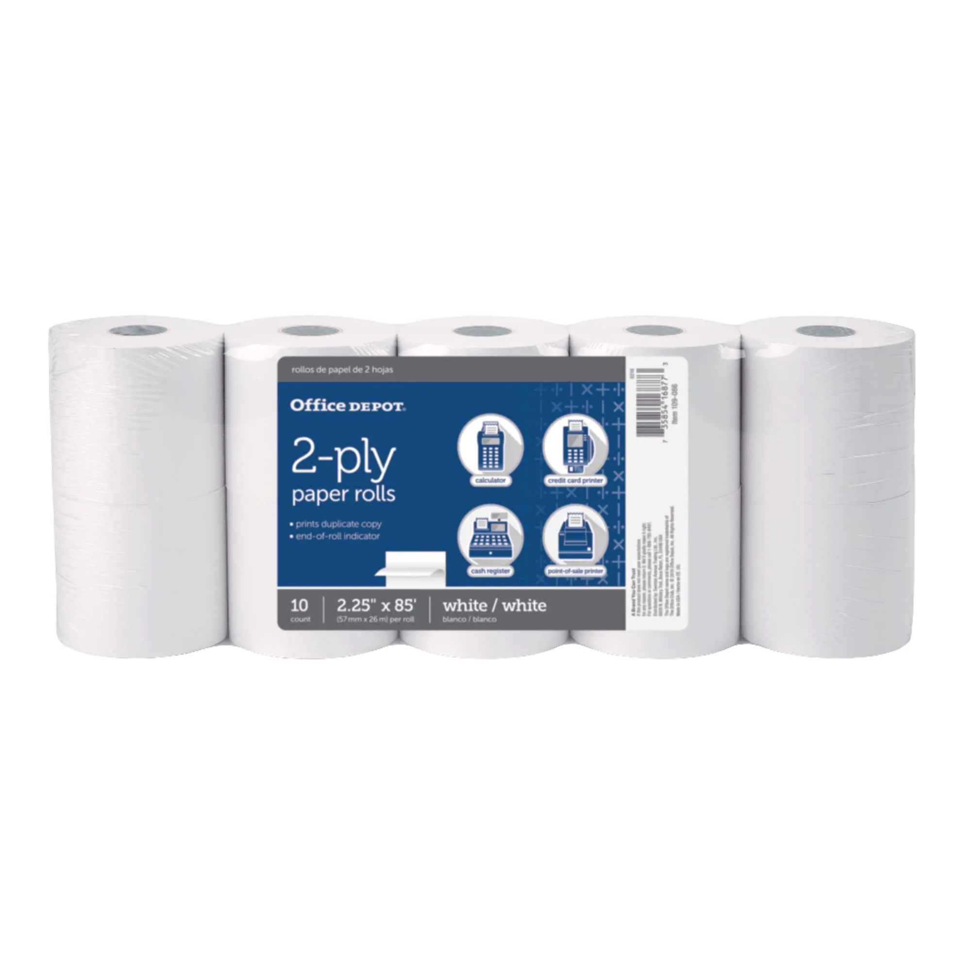 Office Depot 2-Ply Paper Rolls, 2-1/4in x 85ft, White, Pack Of 10