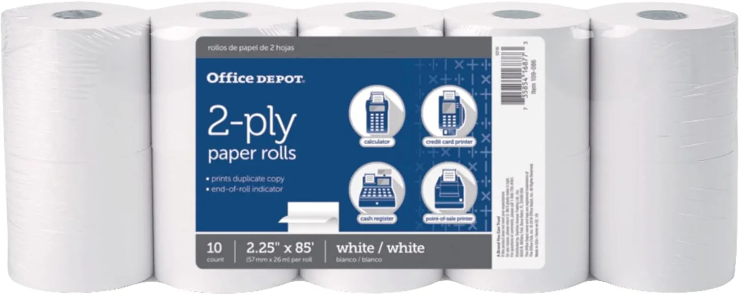 Office Depot 2-Ply Paper Rolls, 2-1/4in x 85ft, White, Pack Of 10