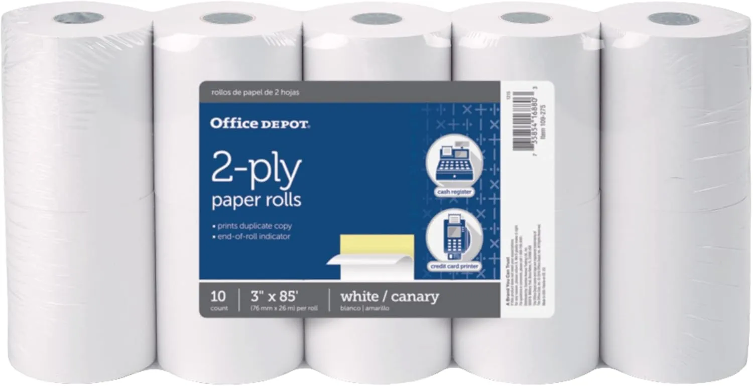 Office Depot 2-Ply Paper Rolls, 3in. x 85ft., Canary/White, Pack Of 10, 109275