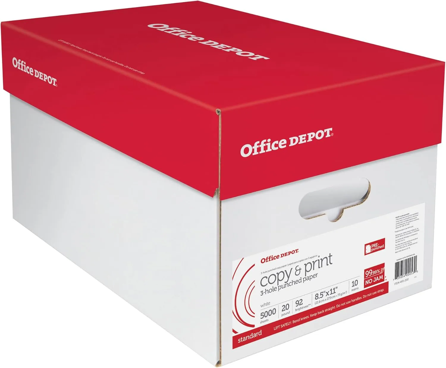 Office Depot 3-Hole Punched Multi-Use Printer & Copy Paper, 10 Reams, White, Letter (8.5in x 11in), 5000 Sheets Per Case, 20 Lb, 92 Brightness