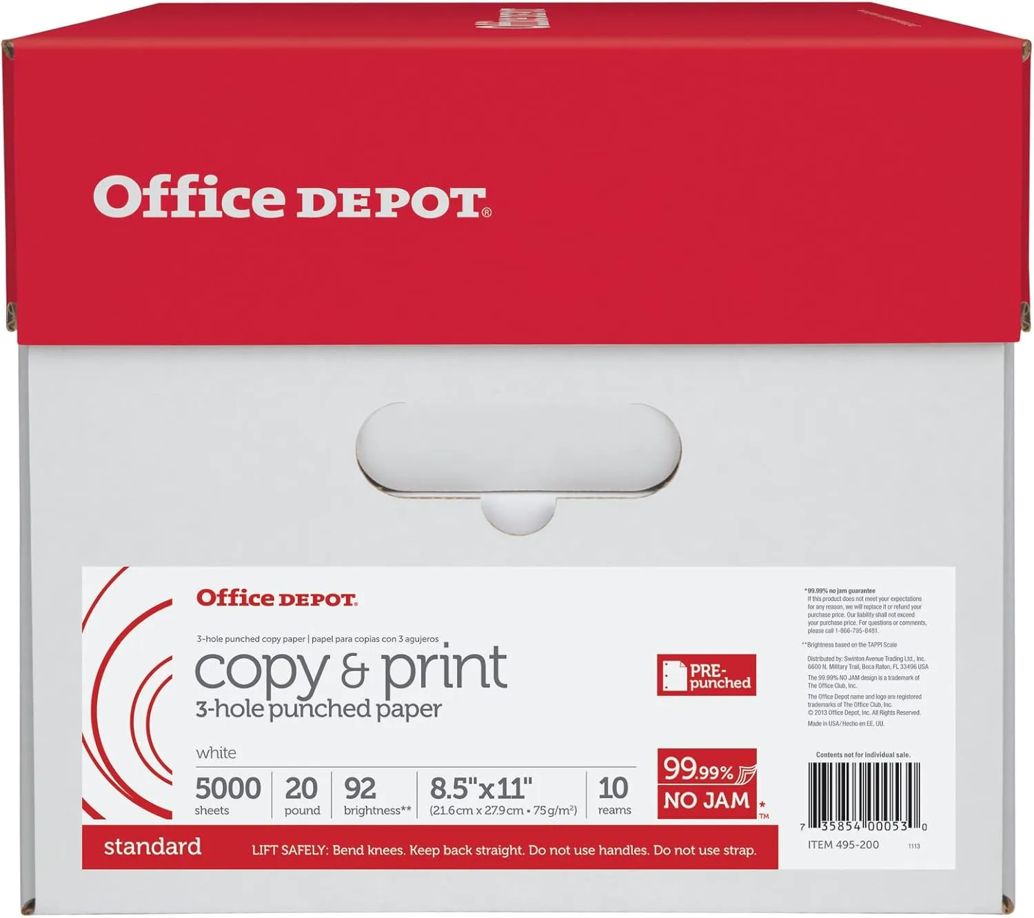 Office Depot 3-Hole Punched Multi-Use Printer & Copy Paper, 10 Reams, White, Letter (8.5in x 11in), 5000 Sheets Per Case, 20 Lb, 92 Brightness