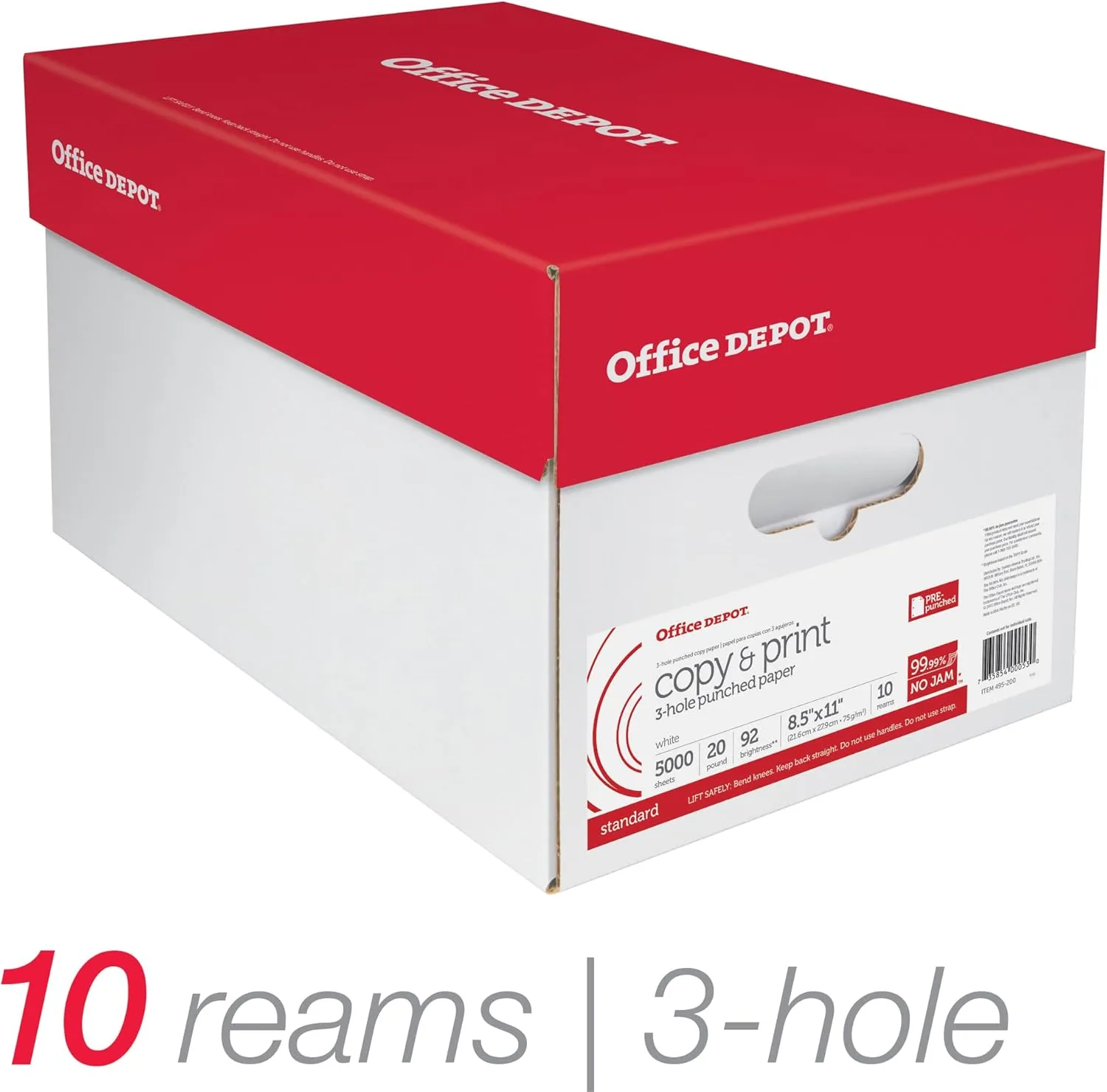 Office Depot 3-Hole Punched Multi-Use Printer & Copy Paper, 10 Reams, White, Letter (8.5in x 11in), 5000 Sheets Per Case, 20 Lb, 92 Brightness
