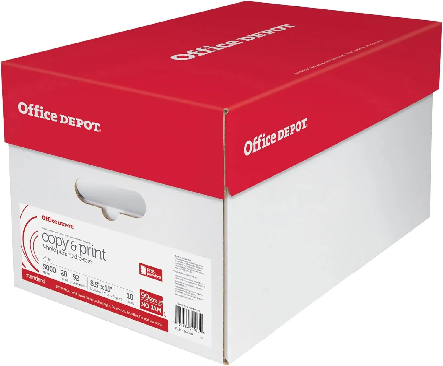Office Depot 3-Hole Punched Multi-Use Printer & Copy Paper, 10 Reams, White, Letter (8.5in x 11in), 5000 Sheets Per Case, 20 Lb, 92 Brightness