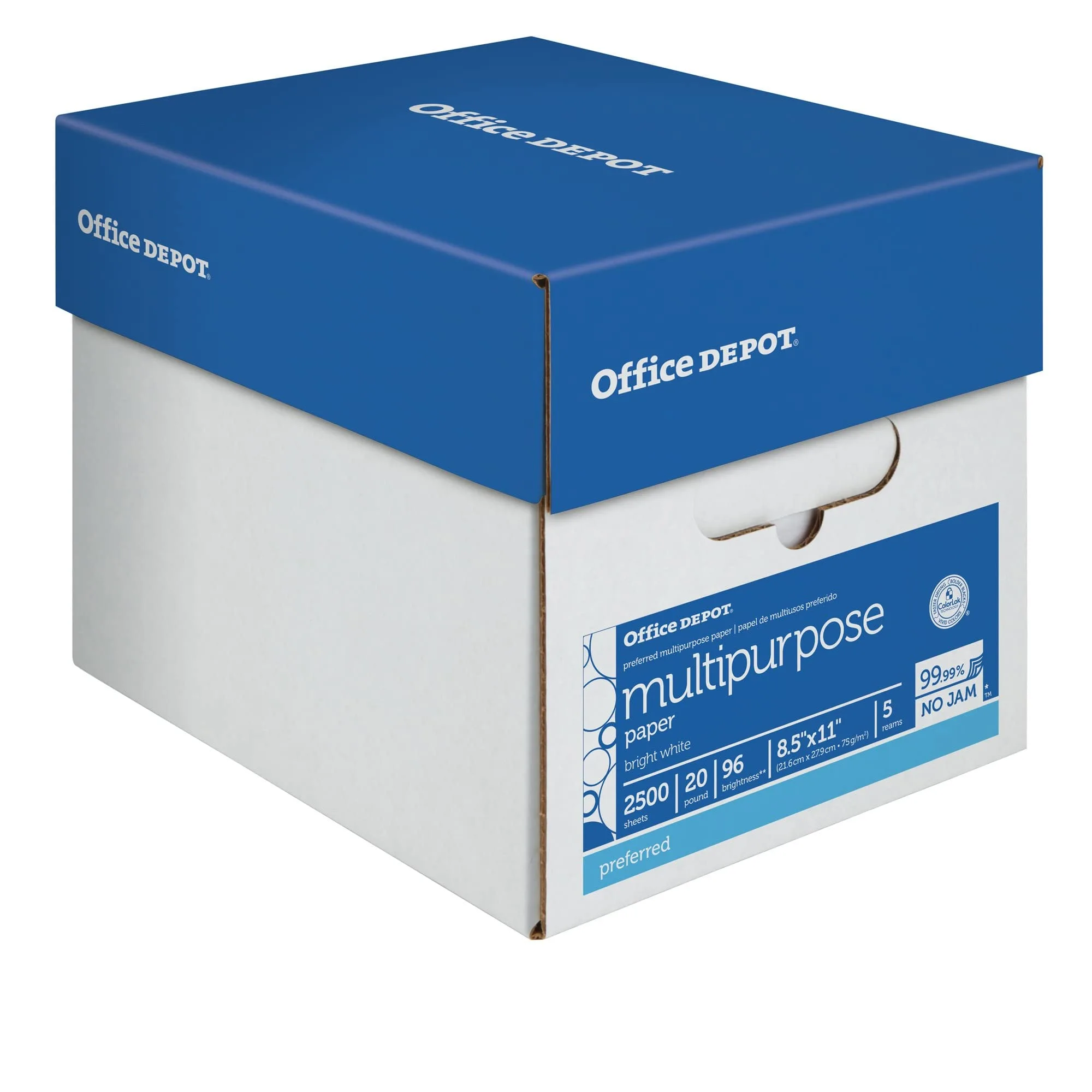 Office Depot Multi-Use Printer & Copy Paper, 5 Reams, White, Letter (8.5in x 11in), 2500 Sheets Per Case, 20 Lb, 96 Brightness, 58288